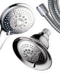 Two In One Shower System With LED Shower Head And Hands Free Option, close-up of chrome shower head and detachable handheld wand.