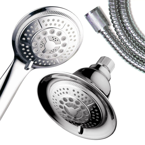 Two In One Shower System With LED Shower Head And Hands Free Option, close-up of chrome shower head and detachable handheld wand.
