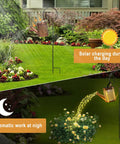Outdoor landscape with Solar Garden Watering Can With Lights showing daytime solar charging and nighttime glow effect.