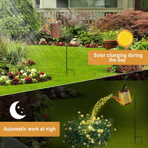Outdoor landscape with Solar Garden Watering Can With Lights showing daytime solar charging and nighttime glow effect.