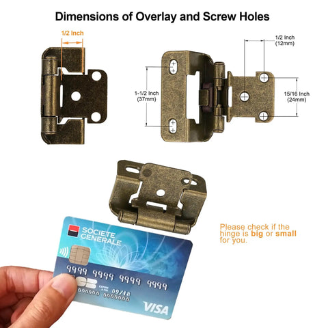 First Class Antique Brass Cabinet Hinges For Your Kitchen Renovation Project, dimensions shown with a credit card for size reference.