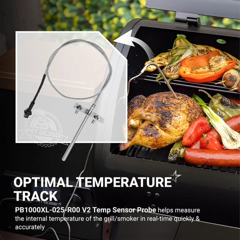 Upgraded RTD Temperature Probe Sensor For Pit Boss Pellet Grills And Smokers with cooked food on grill, Replacement Meat Probe PB1000XL-025-R00 V2