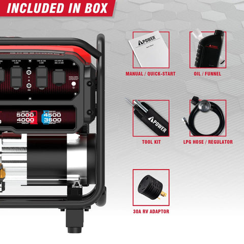 Powerhouse 5000 Watt Portable Generator Gas And Propane With CO Sensor Shutdown accessories included in box