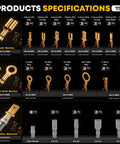 Crimping Tool Kit With 14 Type Open Spade And Quick Disconnect Connector Set details, showing spade, ring terminals, brass finish.
