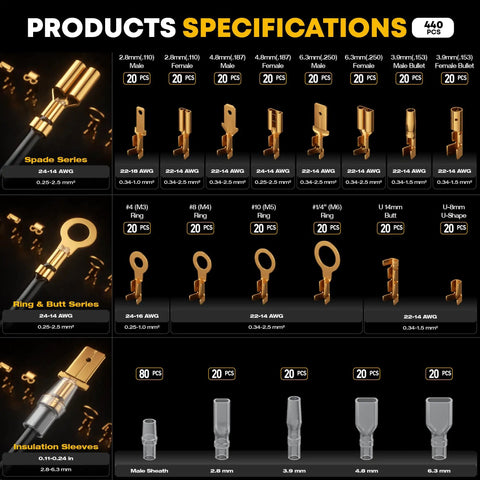 Crimping Tool Kit With 14 Type Open Spade And Quick Disconnect Connector Set details, showing spade, ring terminals, brass finish.