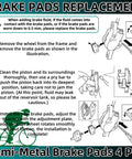 Illustration of bike brake pads replacement process for 4 Pairs Bike Brake Pads Resin And Semi Metallic Ebike Disc Brake Pads With Installation Tools And Spring Compatible With MT200 TRP Tektro M355 M446 M315 M365 M520 M510 BR M575 T615 T675