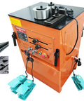 Jobsite Ready Heavy Duty Electric Rebar Bender And Cutter Combo 110V Foot Switch Rig showing detailed controls and foot pedals.