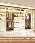 Heavy-Duty All-In-One Closet Organizer System With Extendable Hanging Rods Spacious Drawer Units And Flexible Wooden Shelving For Straight Up Serious Home Storage Wins, showcasing three combined standalone closets.