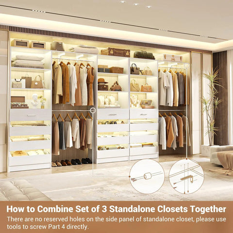 Heavy-Duty All-In-One Closet Organizer System With Extendable Hanging Rods Spacious Drawer Units And Flexible Wooden Shelving For Straight Up Serious Home Storage Wins, showcasing three combined standalone closets.