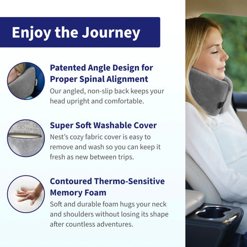 Woman using Nest Neck Support Pillow For Travel Memory Foam Travel Pillow For Long Flights Compact Washable in car