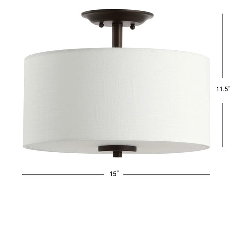 Oil Rubbed Bronze Marc LED Semi Flush Mount Ceiling Light With White Linen Drum Shade 15 Inch Transitional Fixture For Bedroom Hallway Kitchen Dimmable LED Bulbs Included Energy Efficient Lighting