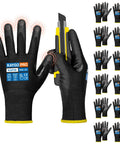 12 Pairs PU Coated Cut Resistant Work Gloves With Tough As Nails Grip For Warehouse Woodworking And Construction Men And Women Full Finger Touchscreen Compatibility ANSI A1 Protection, black gloves displayed with touch and grip features.