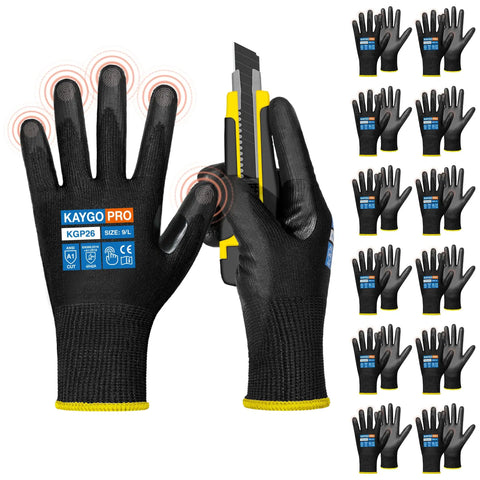12 Pairs PU Coated Cut Resistant Work Gloves With Tough As Nails Grip For Warehouse Woodworking And Construction Men And Women Full Finger Touchscreen Compatibility ANSI A1 Protection, black gloves displayed with touch and grip features.
