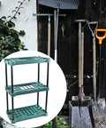 Heavy Badass Broom And Mop Organizer Rock Solid Corner Rack With Hella Durable Polypropylene Shelves And Reinforced Iron Frame Top Shelf Laundry Room Garage Cleaning Tools Storage Rack next to gardening tools.