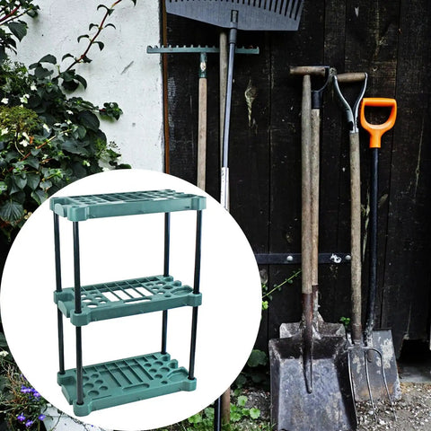 Heavy Badass Broom And Mop Organizer Rock Solid Corner Rack With Hella Durable Polypropylene Shelves And Reinforced Iron Frame Top Shelf Laundry Room Garage Cleaning Tools Storage Rack next to gardening tools.