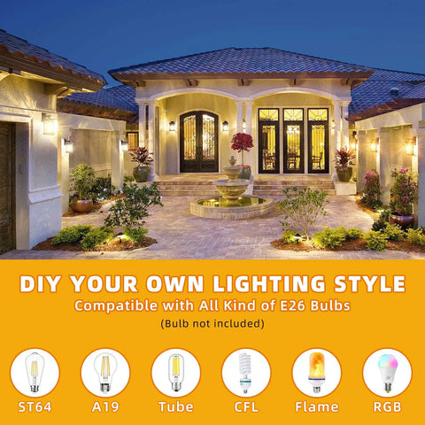 2-Pack Dusk To Dawn Outdoor Wall Lights With Sensor And Seeded Glass illuminating a luxurious house entrance at night