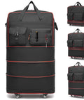 Tactical foldable travel bag, black with red trim; front view shows multiple pockets and wheeled base.