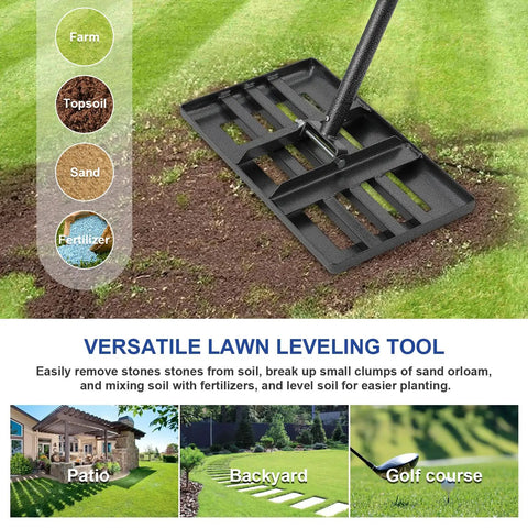 Lawn Leveling Rake For A Smooth Even Yard Stainless Steel Leveler With 18x10 Ground Plate leveling soil on grass lawn