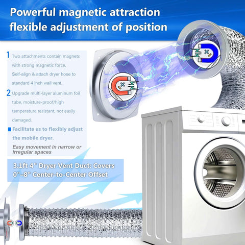 Upgrade magnetic dryer vent connector kit by Amazon, includes 3.1 ft 4 in duct and two clamps, silver