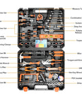 All In One Home And Auto Repair Tool Kit 157Piece Set With Durable Plastic Toolbox Storage Case, includes pliers, wrenches, screwdrivers, sockets, hex keys, hammer, hacksaw, level for DIYers.
