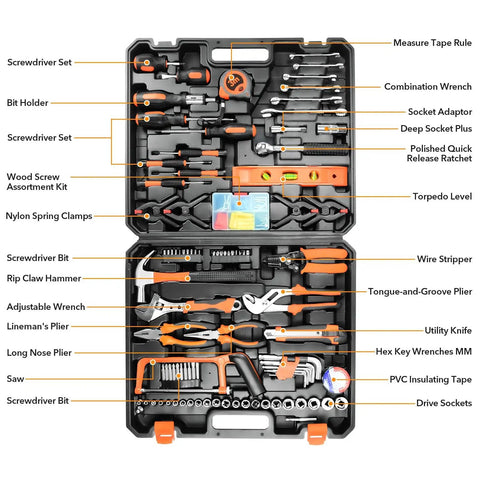 All In One Home And Auto Repair Tool Kit 157Piece Set With Durable Plastic Toolbox Storage Case, includes pliers, wrenches, screwdrivers, sockets, hex keys, hammer, hacksaw, level for DIYers.