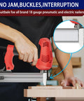 Person using a red electric nailer on wood, showcasing Top Shelf Badass 18 Gauge Brad Nails Assortment featuring 304 stainless steel.