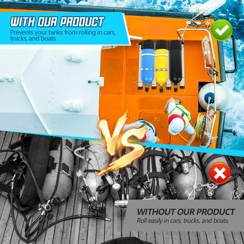 Scuba Tank Holder And Rack Gear Up For Up To Three Cylinders Durable PVC Plastic Dive Carrier To Keep Tanks From Rolling During Transport In Cars Trucks And Boats, showing secured tank setup on a boat vs loose tanks on a dock.