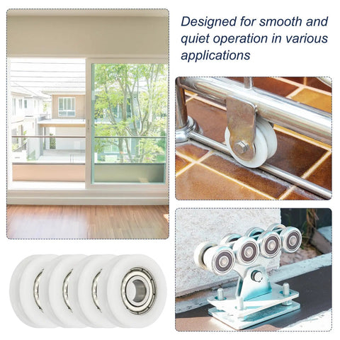 U Groove Ball Bearing Roller Featuring Top Tier Nylon Pulley Guide Wheel And Stainless Steel Track Wheel For Sliding Door Window Hardware Heavy Duty Smooth Operator Replacement White Pack Of Four in use.