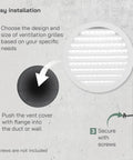 Installation guide showing how to install 10 Inch White Steel Soffit Vent Cover With Round Louvered Grill Built In Mesh Screen And Flange Heavy Duty HVAC Register For Wall Or Ceiling Indoor And Outdoor Use