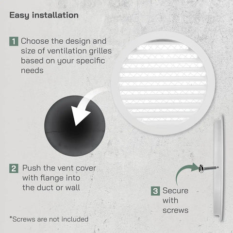 Installation guide showing how to install 10 Inch White Steel Soffit Vent Cover With Round Louvered Grill Built In Mesh Screen And Flange Heavy Duty HVAC Register For Wall Or Ceiling Indoor And Outdoor Use
