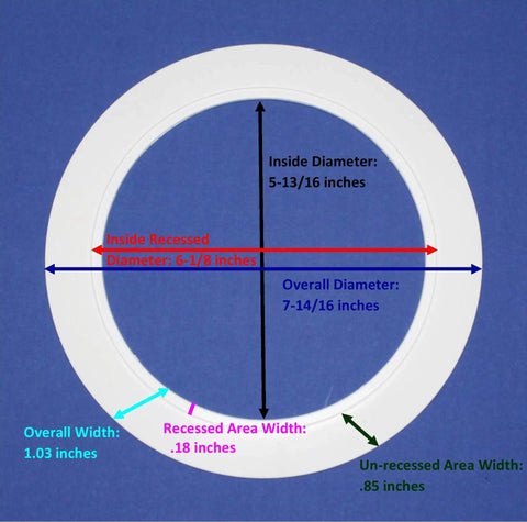 Diagram of Five Pack White Trim Ring For Six Inch Recessed Lights No Fuss Easy Install Oversized Hole Cover Covers Gaps From Mis Cuts And Torn Drywall Baffle And Springs Not Included, with dimensions.