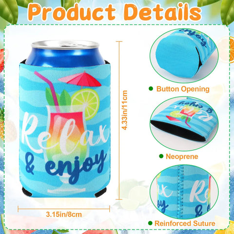 18 Pack Funny Can Cooler Sleeves Set With Collapsible Beer And Bottle Sleeves In Bold Colors For Summer Beach Parties And Holidays Perfect For Backyard Barbecues Picnics And Rad Party Favors, featuring blue neoprene sleeve with tropical design and can.