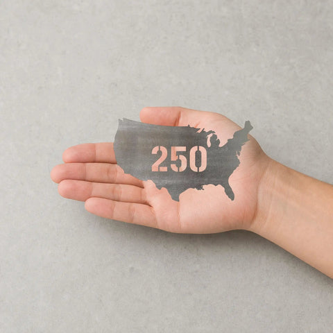 Hand holding US 250 Stencil Steel Cutout Raw Metal Wall Art For Craft Projects 16 Inch CNC Plasma Cut Steel Shape Ready To Paint
