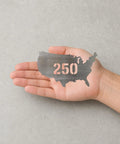 250 Stencil Steel Cutout United States Shape Raw Metal Wall Art And Craft Supply For Painting Patina Clear Coat Welding Garden Decor 5 Inch Size Great For DIY Projects And Metal Art Displays Indoors Or Outdoors, held in hand on gray background.