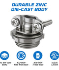 Beefy Zinc Alloy Half Inch Clamp Type Cable Connectors for NM cables wires, metal conduit; durable universal knockout size; front view.