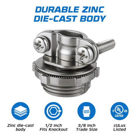 Beefy Zinc Alloy Half Inch Clamp Type Cable Connectors for NM cables wires, metal conduit; durable universal knockout size; front view.