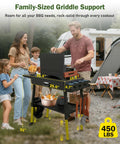 Griddle Stand For Blackstone 17 And 22 Inch Griddles With Wheels set up outdoors with family around, showing ample workspace and stability.