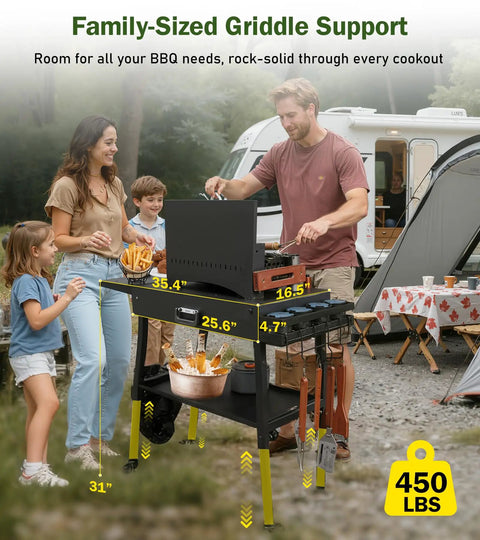 Griddle Stand For Blackstone 17 And 22 Inch Griddles With Wheels set up outdoors with family around, showing ample workspace and stability.