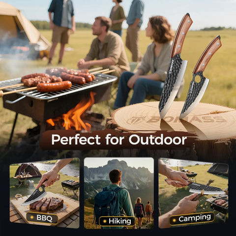 Hand Forged Japanese Chef Knife Set 3 Piece Kitchen Knife Bundle With Viking Chef Knife Santoku Knife Honing Rod And Gift Box Perfect For Meat Veggies And Fruit Prep outdoors with camping scenes