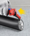 Using Ratcheting Cable Stripping Knife For Electricians With Three Cutting Areas For Round And Longitudinal Cuts Guide Shoe Protects Insulation Five And Three Quarters Inch Blade Heavy Duty Workhorse Multifunction Tool on black cable