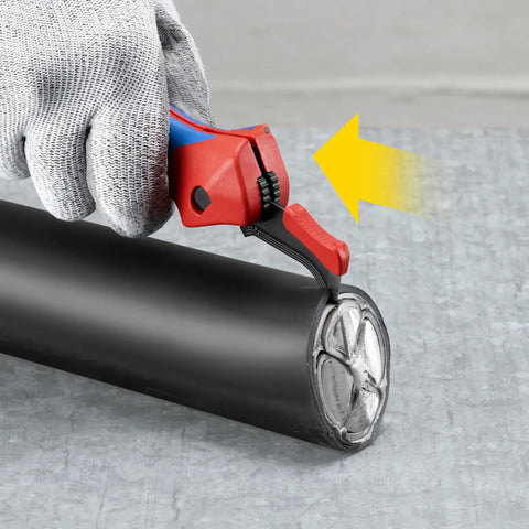 Using Ratcheting Cable Stripping Knife For Electricians With Three Cutting Areas For Round And Longitudinal Cuts Guide Shoe Protects Insulation Five And Three Quarters Inch Blade Heavy Duty Workhorse Multifunction Tool on black cable