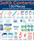 Kids travel first aid kit, 130 pieces, blue and orange infographic showing bandages, scissors, thermometer, and stickers.