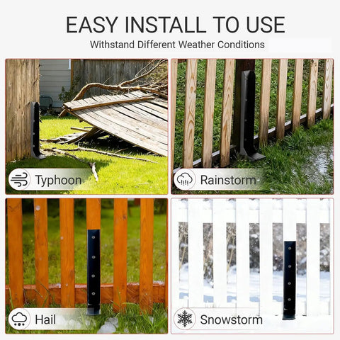 Heavy Duty Black Fence Post Repair Kit To Get Leaning 4X4 Or 6X6 Wooden Posts Plumb And True, shown in various weather conditions.