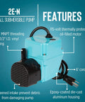 300 GPH 115 Volt Oil Filled Submersible Pump With Aluminum Die Cast Housing Direct Drive, pump showing features on blue background.