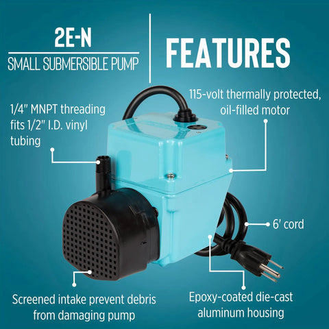 300 GPH 115 Volt Oil Filled Submersible Pump With Aluminum Die Cast Housing Direct Drive, pump showing features on blue background.