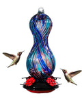 Outdoor Hand Blown Glass Hummingbird Feeder With 24 Oz Capacity And Four Feeding Ports, blue and red hand-blown glass design.