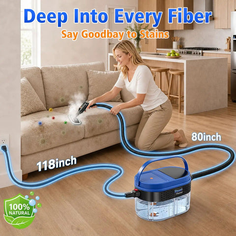 Handheld Steam Cleaner For Home And Car, 2500W High Pressure Hot Steamer with 80in hose cleaning couch stains.