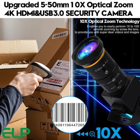4K 60fps USB 3.0 Webcam With HDMI And USB Output For Dual Display Setup, 10x Zoom Lens 5-50mm, Manual Zoom, High-Speed H.264 Video