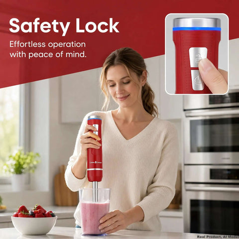 Badass Cordless Immersion Stick Blender With 8 Power Levels And 3 In 1 Utility For Silky Purees Savory Soups And Thick Sauces in use, blending a smoothie.