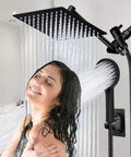 Woman enjoying 8 Inch Square Rain Shower Head With Handheld Spray Combo And Adjustable Extension Arm Three Way Flow Regulator High Pressure Hose Matte Black Shower System For Home Spa Vibe